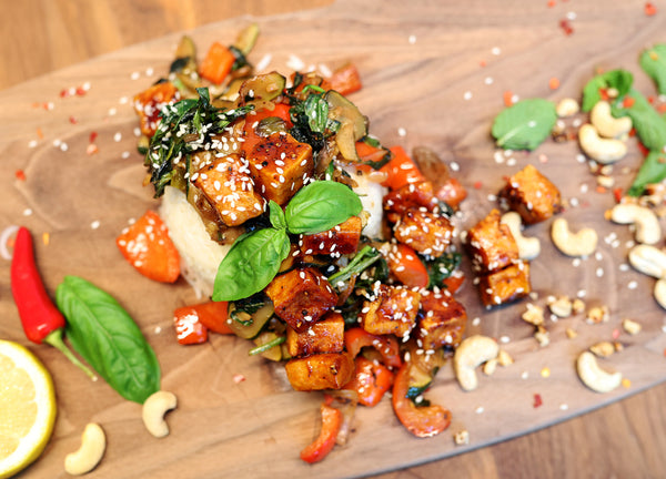 Crispy Caramelised Tofu with Rice and Thai Basil